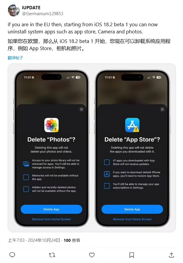 金堂苹果手机维修分享iOS 18.2 支持删除 App Store 应用商店 